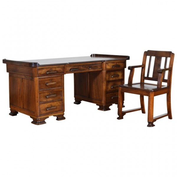 Walnut 9-Drawer Desk and Chair
