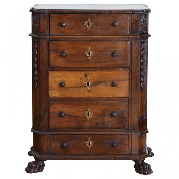 Shaped and Carved Walnut 5-Drawer Commodino