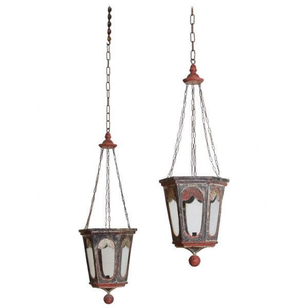 Pair of Painted Tole Hexagonal 1-Light Lanterns