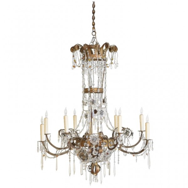 Gilt Metal, Iron, and Glass 9-Light Chandelier