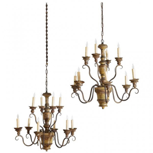 Pair of Turned and Painted Wooden 10-light Chandeliers
