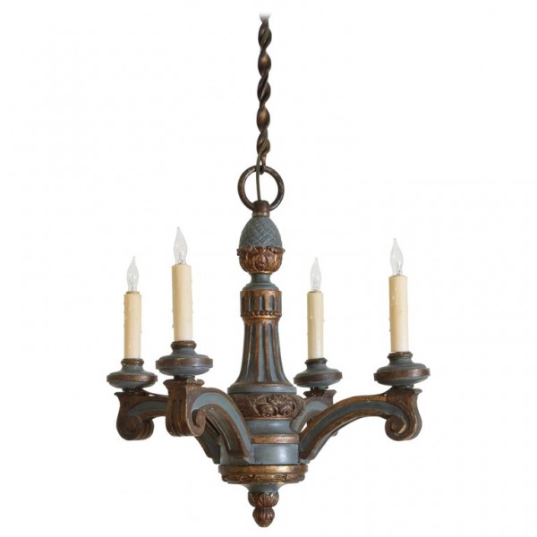 Carved and Painted Wooden 4-Light Chandelier