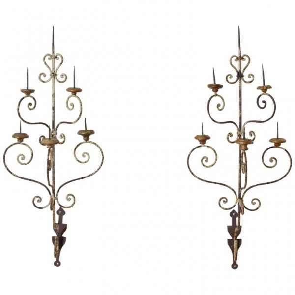 Pair of Painted Wrought Iron and Giltwood 5-Light Sconces