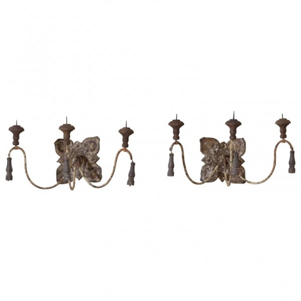 Pair of Papier Mache, Iron, and Wooden 3-Arm Sconces