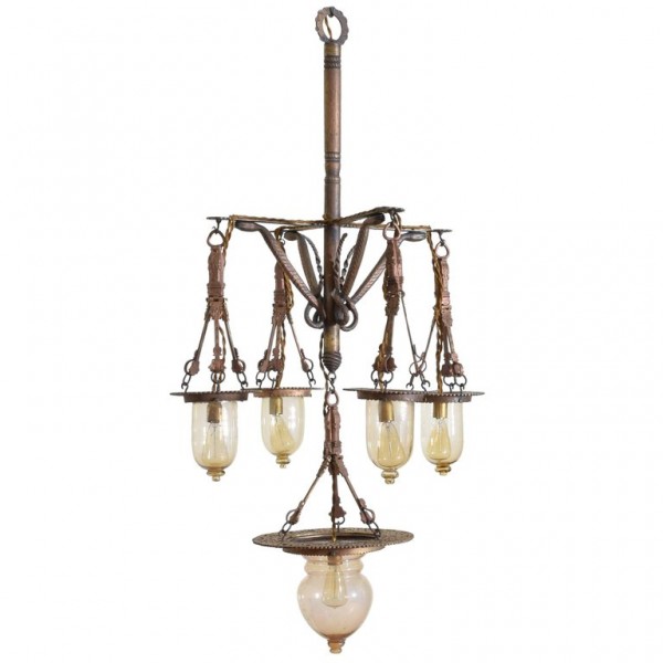 Wrought Iron and Blown Glass 5-Light Lantern Chandelier