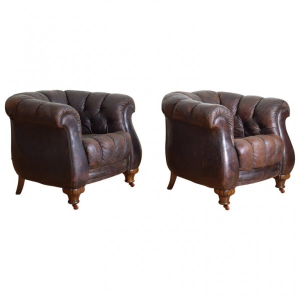 Pair of Tufted Leather Upholstered Club Chairs