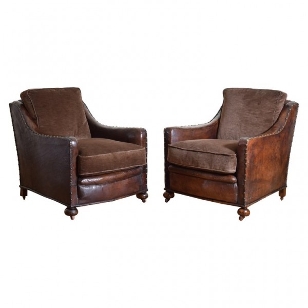 Pair of Leather and Velvet Upholstered Club Chairs