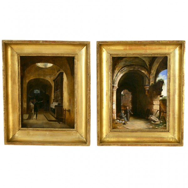 Pair of Oils on Canvas Depicting a Sacristy