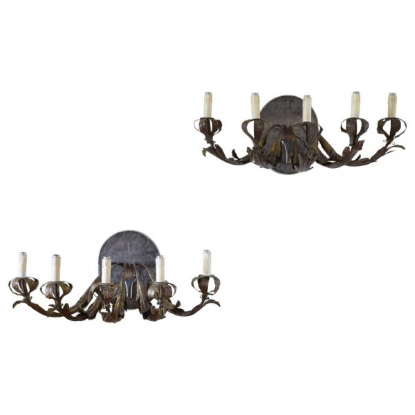 Pair of Gilt Iron and Metal 5-Light Wall Appliques