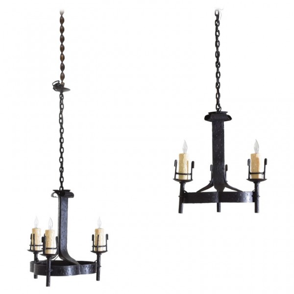 Pair of Wrought Iron 3-Light Chandeliers