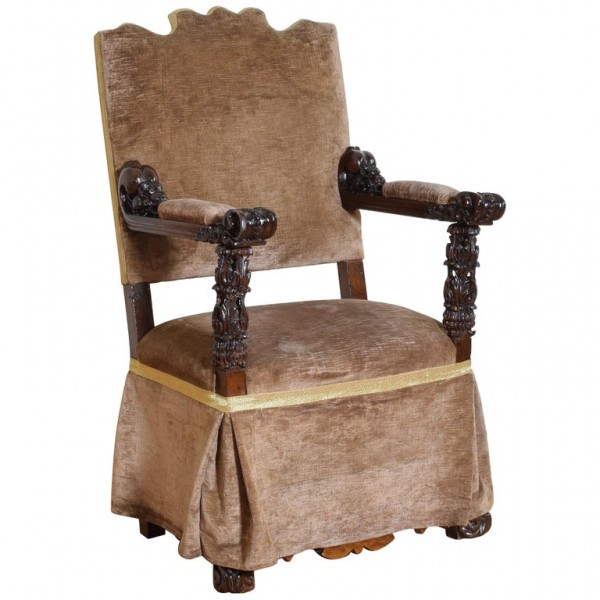 Carved Walnut and Upholstered Poltrona