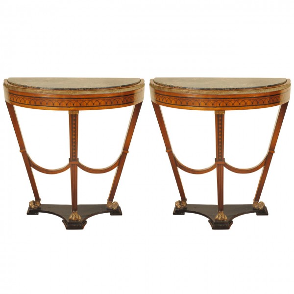 Pair of Inlaid and Giltwood, Marble-Top Consoles