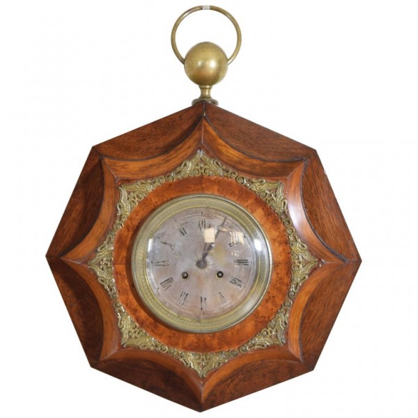 Burl Walnut and Brass Octagonal Wall Clock