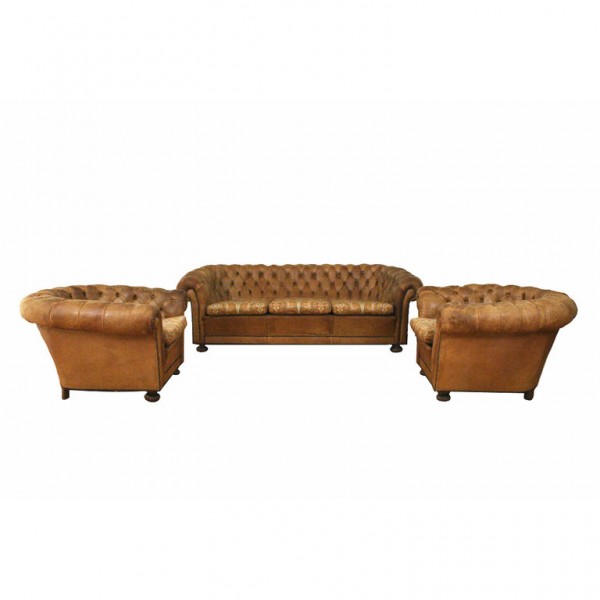 3-Piece Set Tufted Leather Upholstered Sofa and Chairs