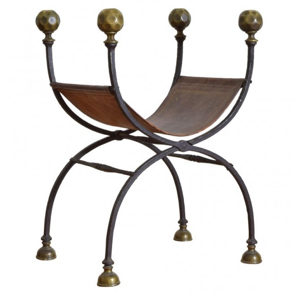 Wrought Iron, Bronze, and Leather Curule Form Chair
