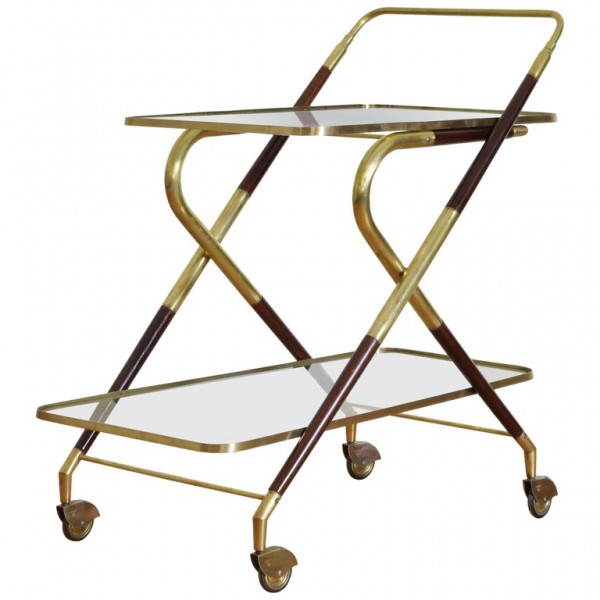 Brass, Rosewood, and Glass Bar Cart on Casters