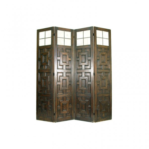 Oak and Leaded Glass 4-Panel Screen