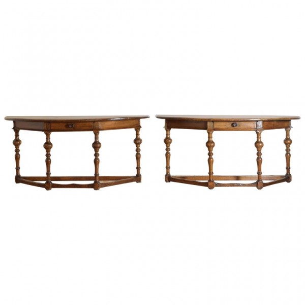 Pair of Poplar Wood 1-Drawer Demilune Console Tables