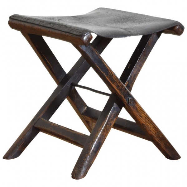 Oak and Leather Folding Stool