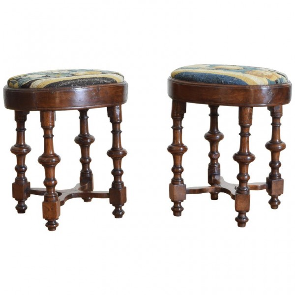 Pair of Walnut and Tapestry Upholstered Footstools