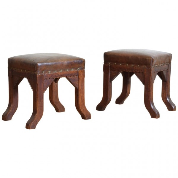 Pair of Oak and Leather Upholstered Stools