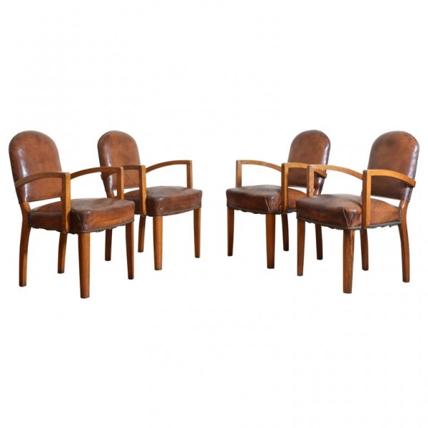 Set of 4 Leather Upholstered Bridge Chairs with Bent and Carved Arms