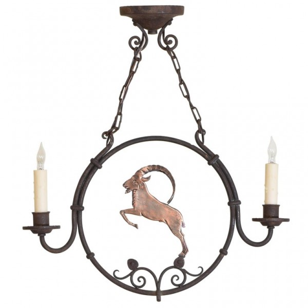 Wrought Iron and Copper "Mountain Goat" 2-Light Chandelier