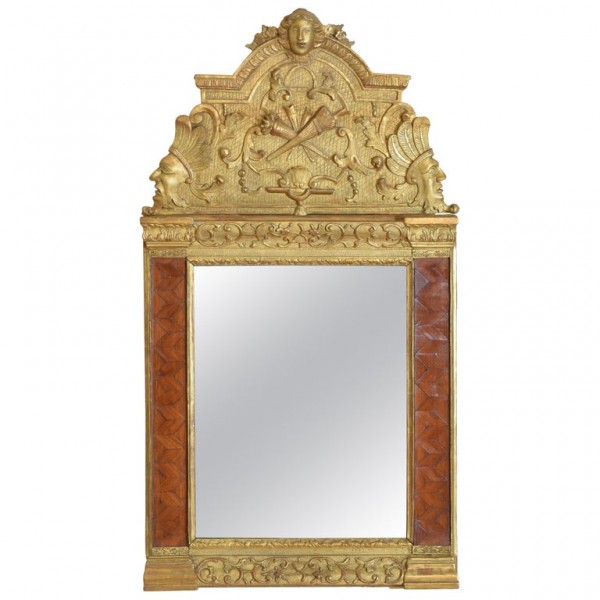 Carved Giltwood and Walnut Parquet Decorated Mirror