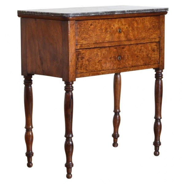 Burl Walnut and Marble-Top 2-Drawer Tall Commode