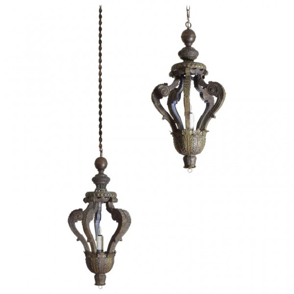 Pair of Patinated Brass Lanterns
