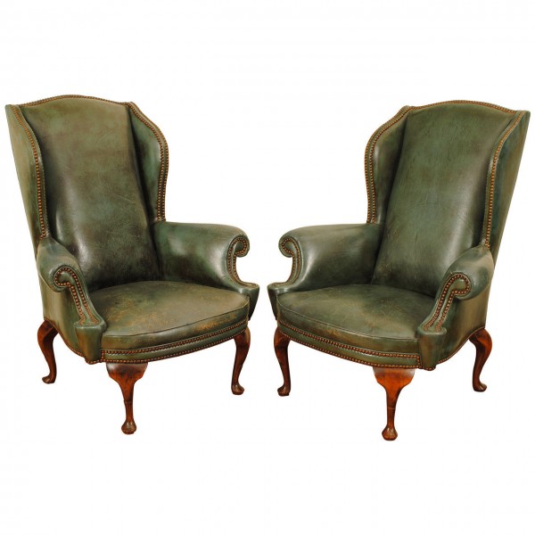 Pair of Walnut and Leather Upholstered Wing Chairs