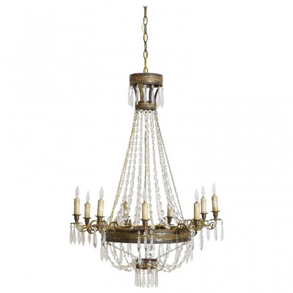 Brass, Silvered Brass, and Glass 9-Light Chandelier