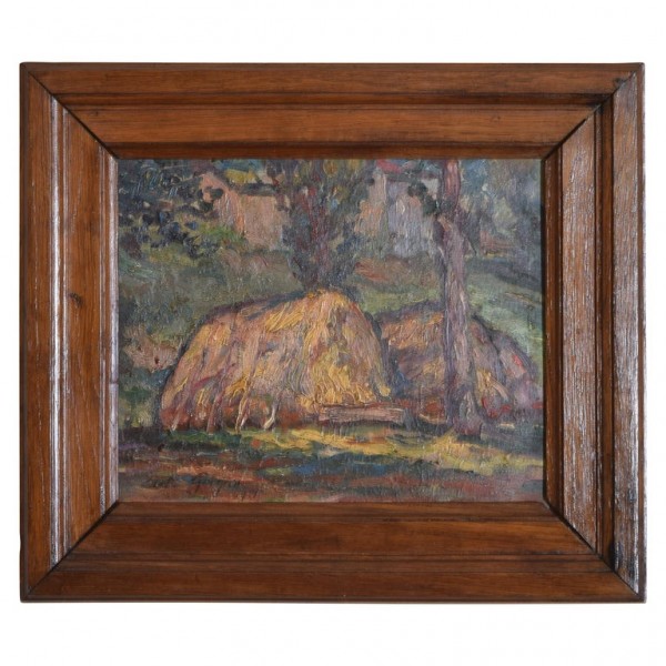 Oil on Panel, Thatch Homes in a Forest