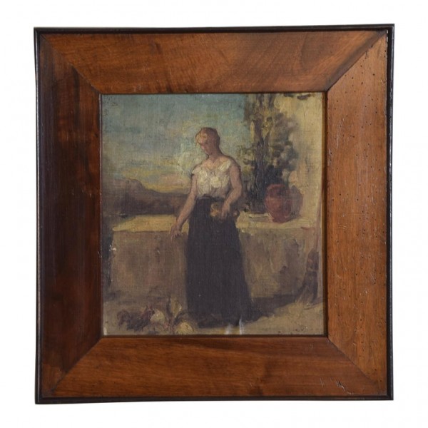 Oil on Canvas on Board, Woman Feeding Chickens