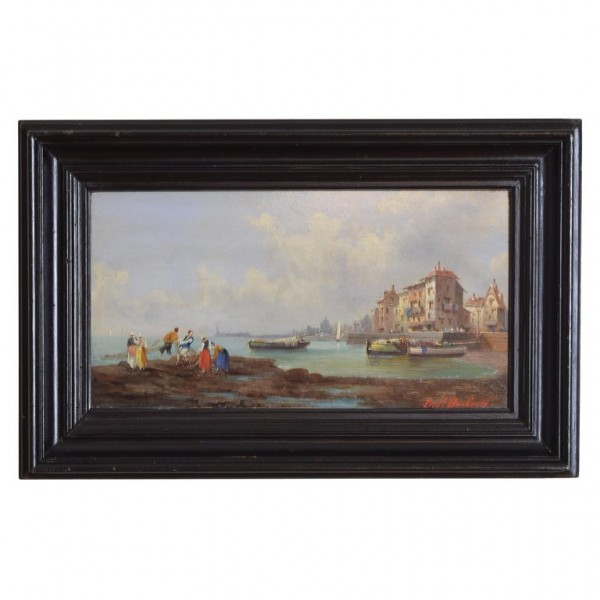 Oil on Board, Harbor Scene with Fishermen, Signed Ferdinand Bonheur