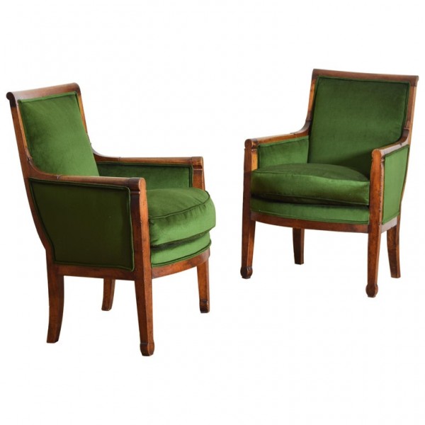 Pair of Walnut and Upholstered Bergeres