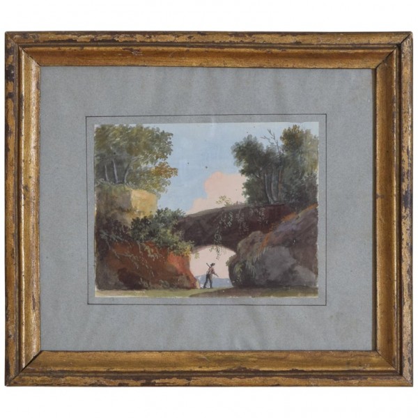 Framed Watercolor on Paper, Passage of a Traveler Beneath Arch
