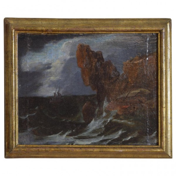 Oil on Canvas on Board, Broken Two Masted Galeone in a Tempest