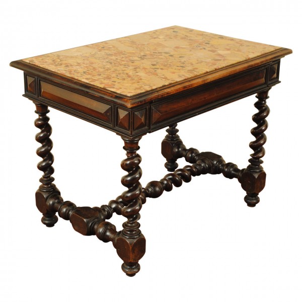 Turned Walnut and Marble-Top 1-Drawer Table