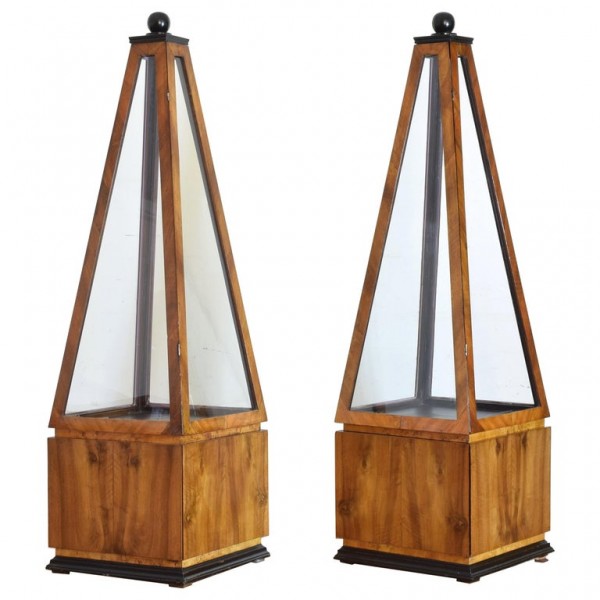 Pair of Obelisk Shaped 1-Drawer, 1-Door Vitrine Cabinets