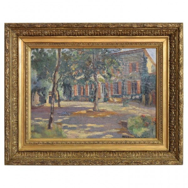 Oil on Canvas, "Courtyard of a Chateau", Signed Lower Right