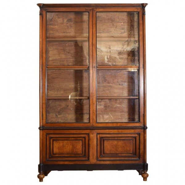 Walnut and Ebonized Tall 2-Piece Bookcase Cabinet