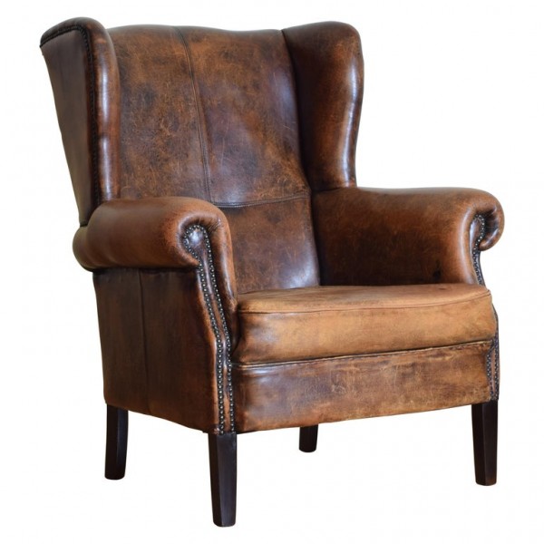 Mahogany and Sheepskin Upholstered Wingback Chair