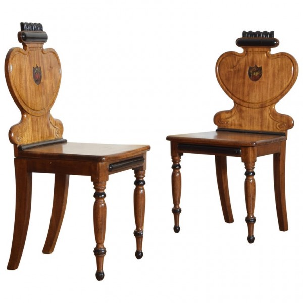 Pair of Walnut and Ebonized Hall Chairs
