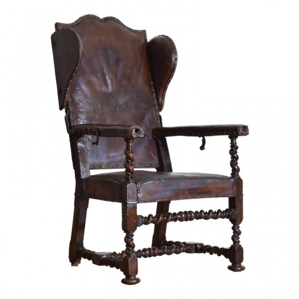 Turned Walnut Leather Upholstered Reclining Armchair