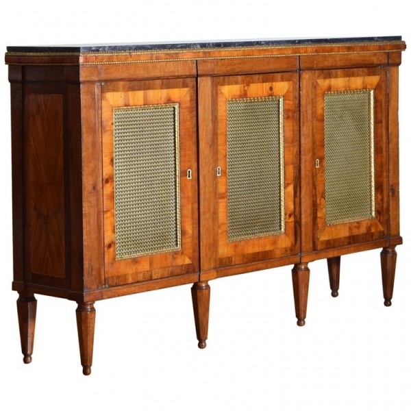Walnut and Cherrywood Veneer 3-Door Credenza with Marble Top