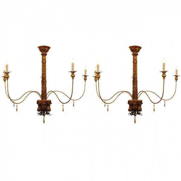 Pair of Giltwood 5-Arm Chandeliers
