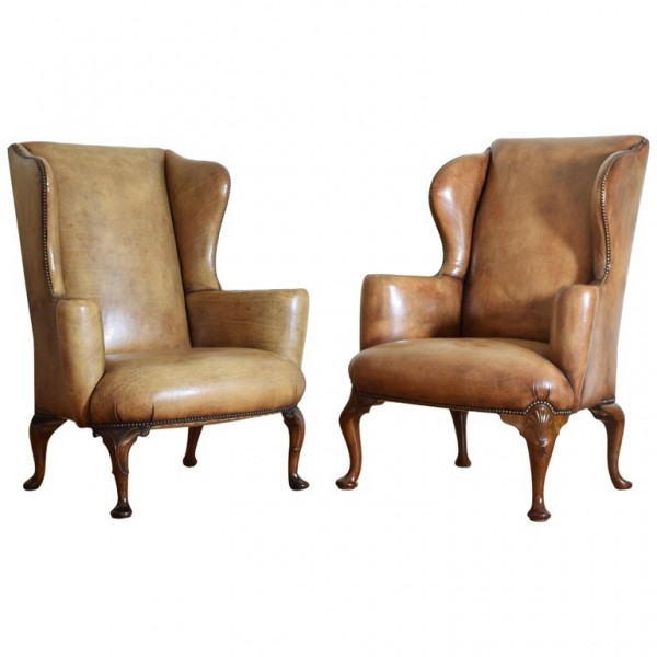 Matched Pair of Walnut Leather Upholstered Wing Chairs
