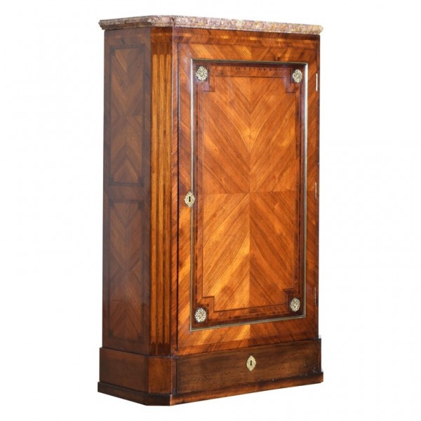 Mixed Veneers and Brass Marble-Top Cabinet