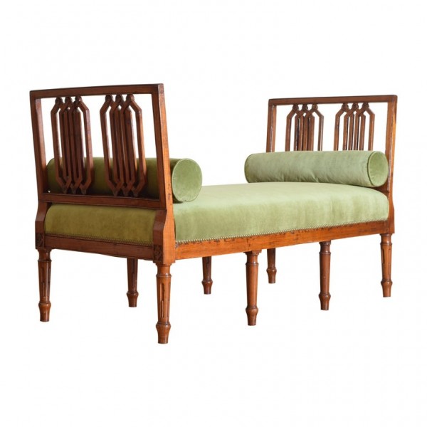 Carved Fruitwood Bench Upholstered in Velvet